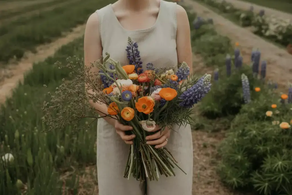 Person in a sleeveless beige outfit holding a colorful bouquet of wildflowers in a field.