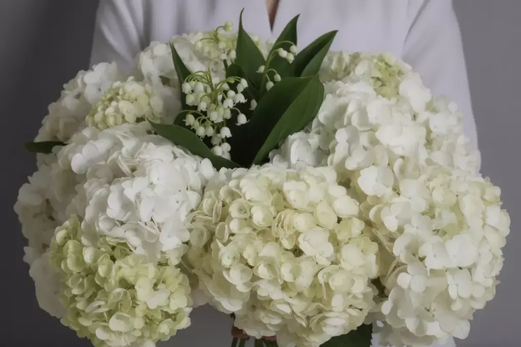 A person in white holds a bouquet of white hydrangeas and lily of the valley flowers.