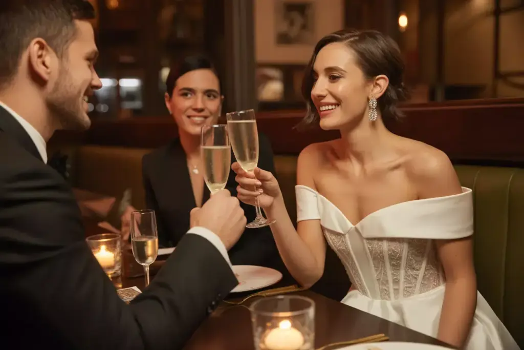 Three well-dressed people toast with champagne at a candlelit restaurant table, smiling and celebrating.