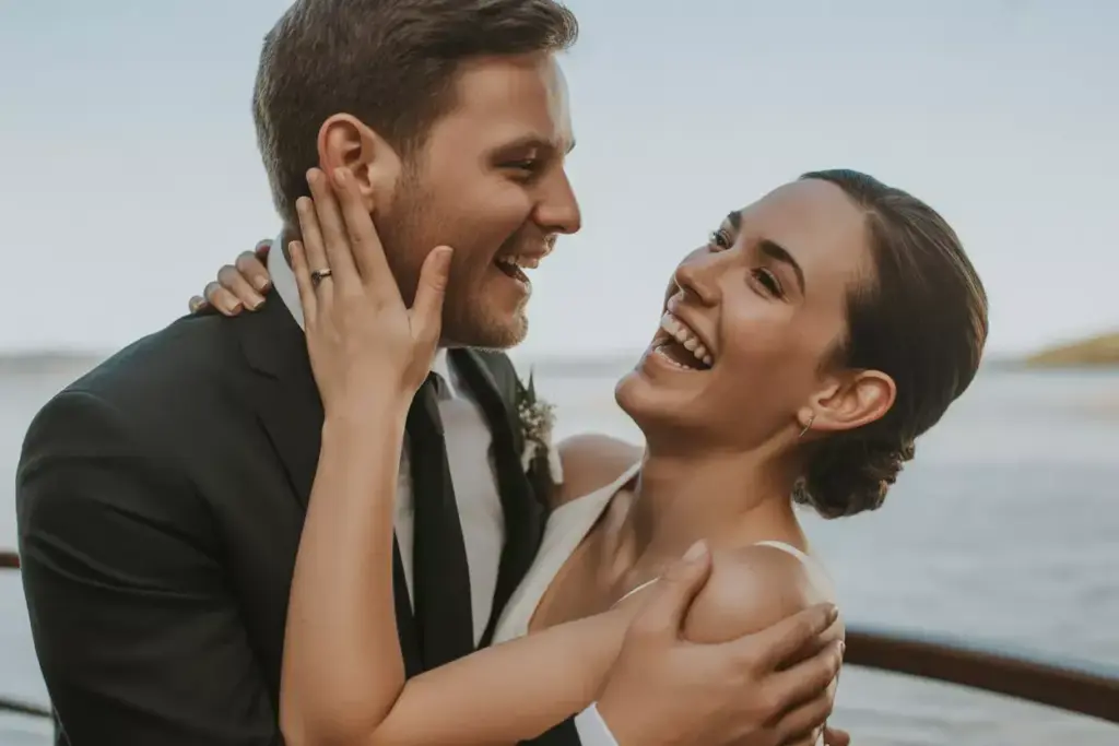 A bride and groom laugh joyfully while embracing outdoors near the water.