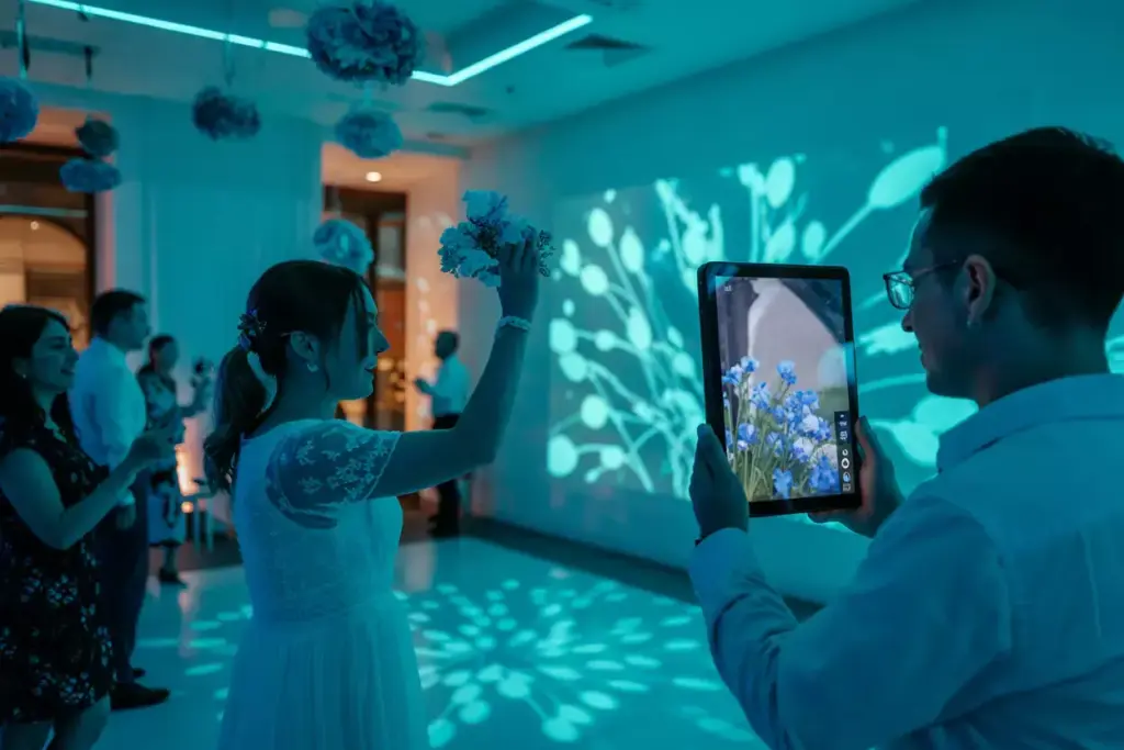 A woman in a white dress holds flowers while a man takes her photo in a room with blue floral lights.