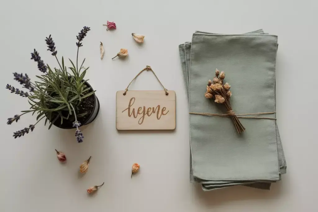 Potted lavender, a “hygiene” sign, dried flowers, and folded green napkins on a white surface.