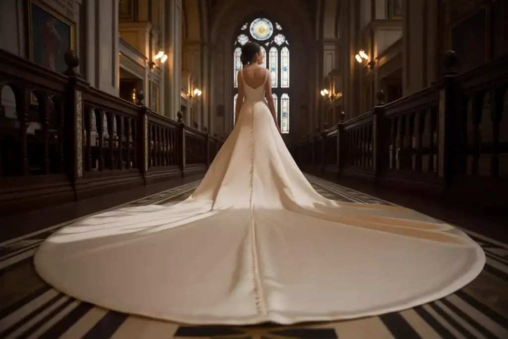 A bride in a long white gown stands in a grand church with stained glass windows.