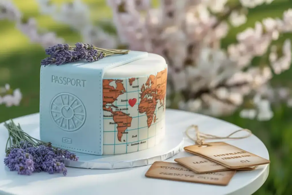 A cake decorated as a passport and world map with a heart, lavender sprigs, and travel tags beside it.