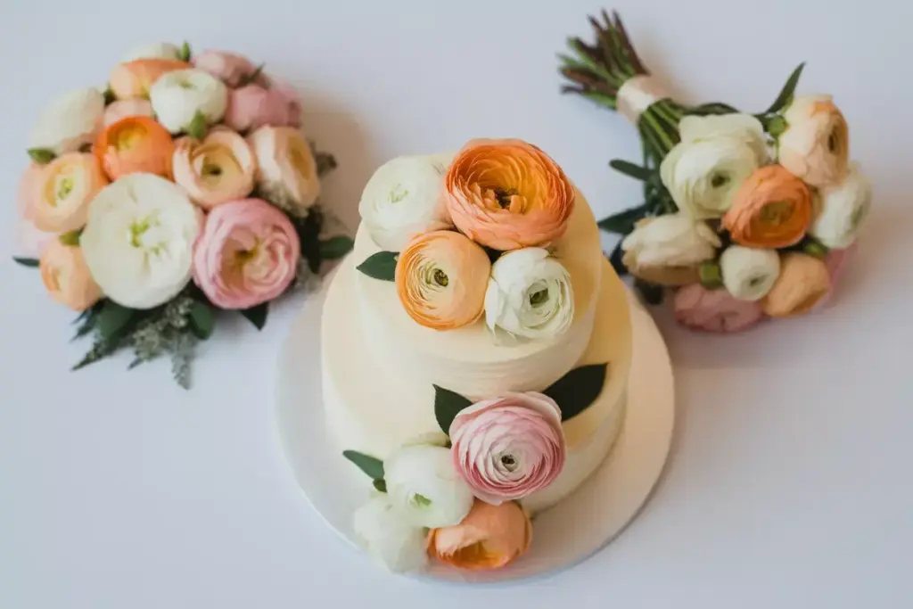 A white cake topped with pastel flowers, flanked by two matching floral bouquets on a white surface.