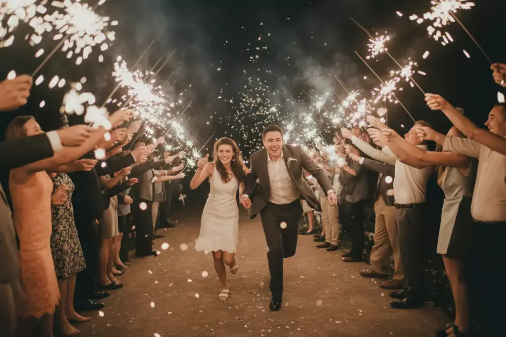 A joyful couple runs through a tunnel of people holding sparklers at night, celebrating their wedding.