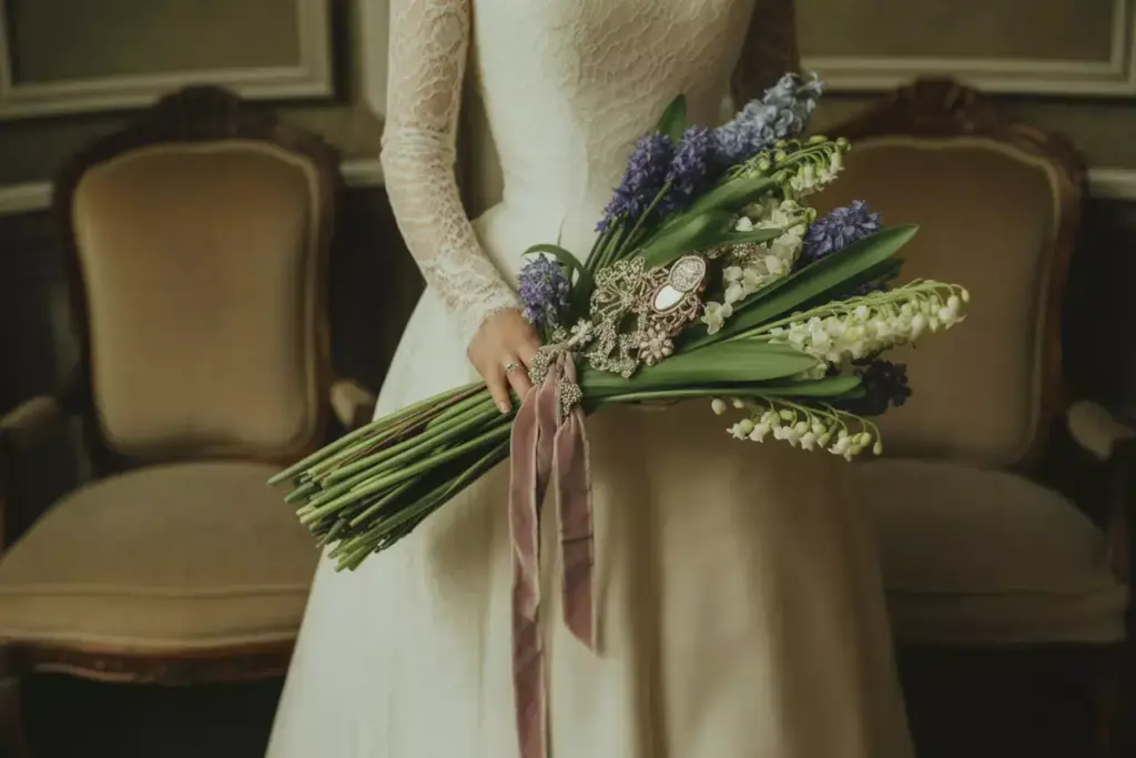 Bride in a white lace dress holds a bouquet of purple and white flowers with a brooch and ribbon.