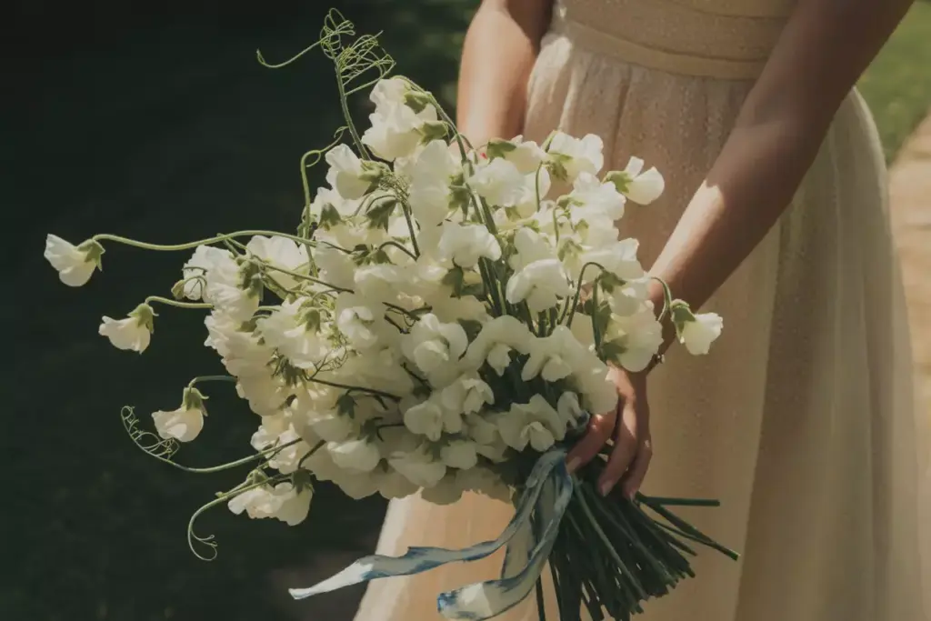 A person in a cream dress holds a bouquet of white flowers tied with blue ribbon.