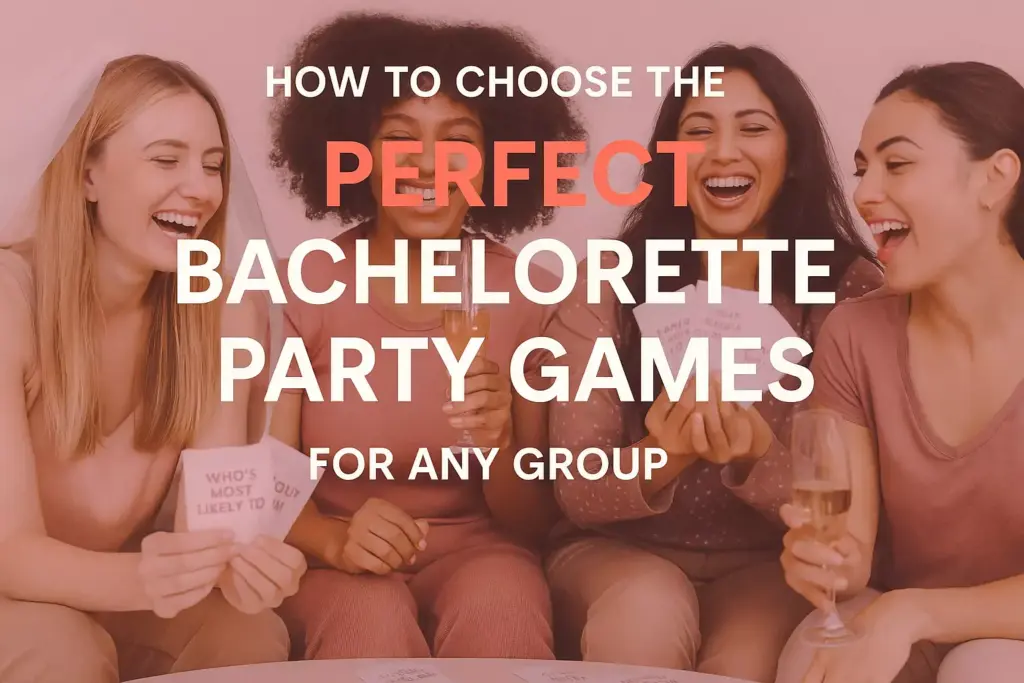 Four women laughing and holding drinks and cards, with text about choosing bachelorette party games.