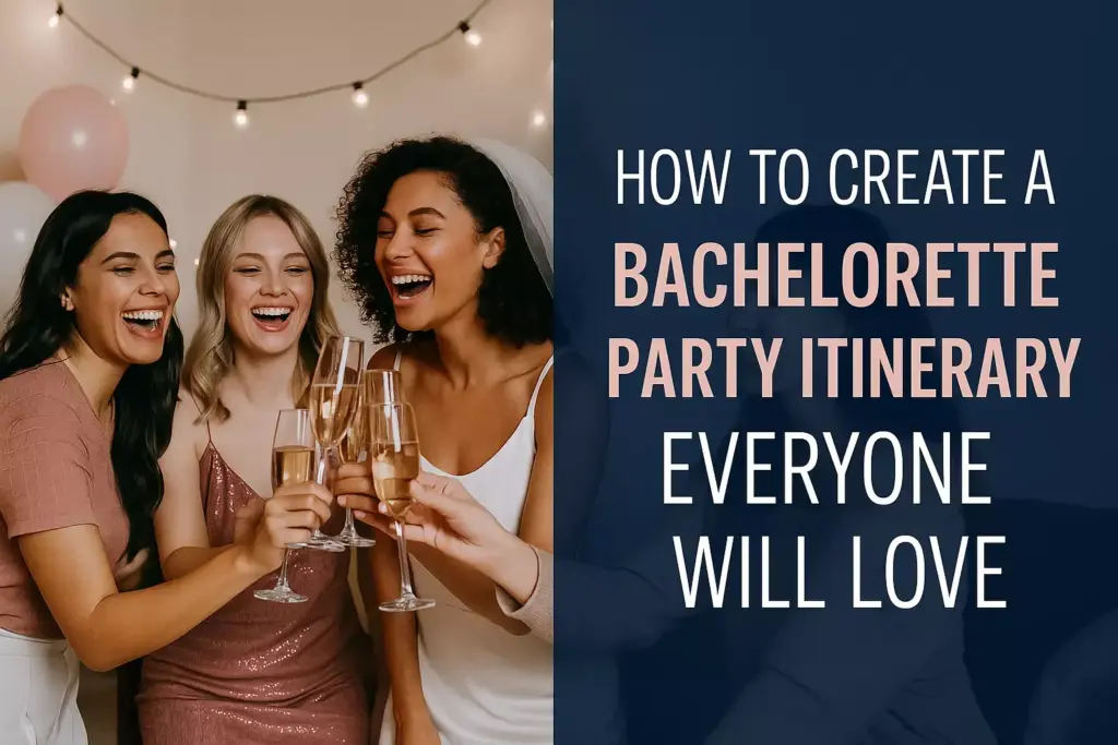 Four women laughing and clinking champagne glasses at a party, with text about creating a bachelorette itinerary.