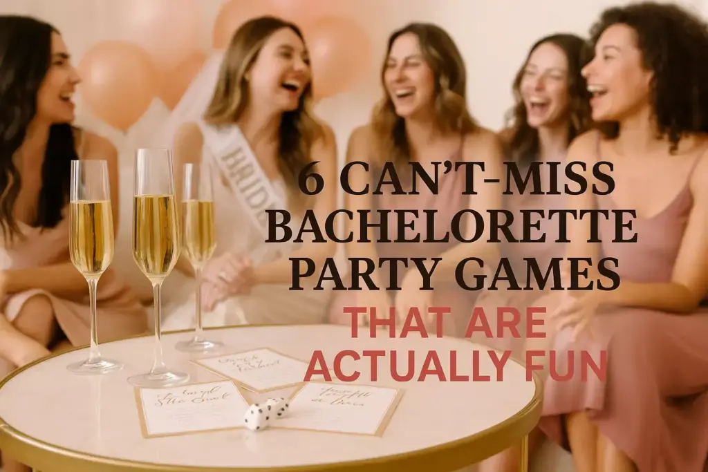 Four women in dresses laugh together by a table with champagne glasses and party game cards.