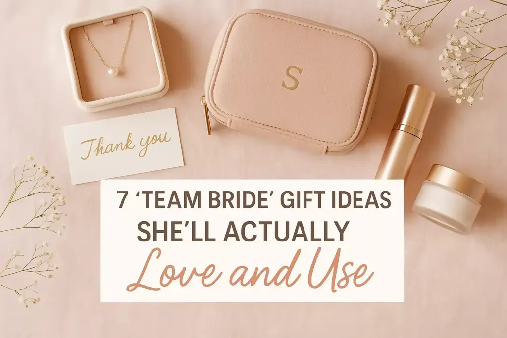 Flat lay of pink and gold bridal gifts, with text “7 ‘Team Bride’ Gift Ideas She’ll Actually Love and Use.”.