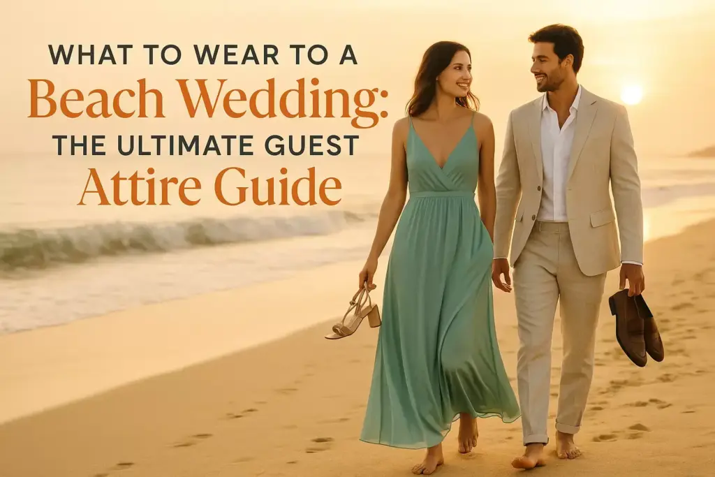 Smiling couple in beach wedding attire walking barefoot on sand at sunset, holding their shoes.
