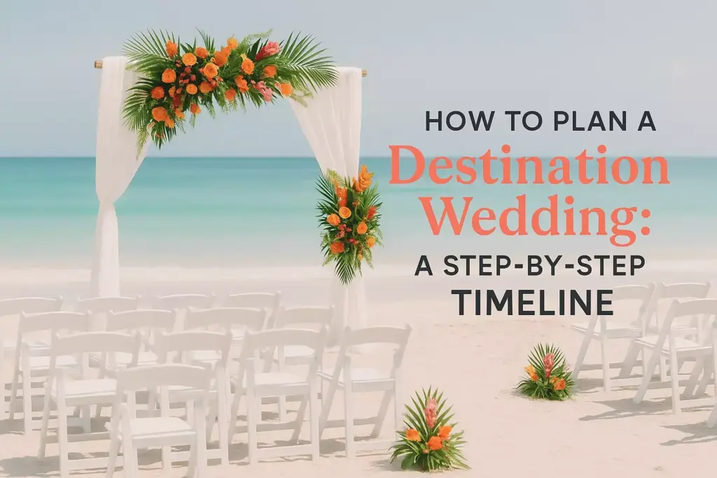 Beach wedding setup with white chairs, tropical floral arch, and ocean backdrop; text about planning destination weddings.