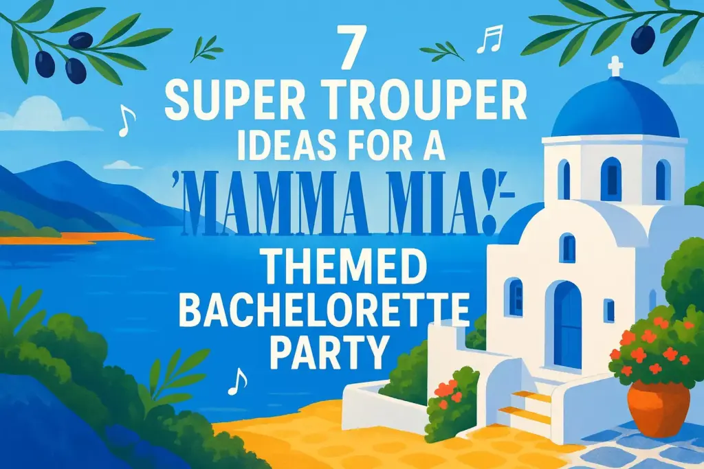 White Greek-style building by the sea with text: 7 Super Trouper ideas for a Mamma Mia! bachelorette party.