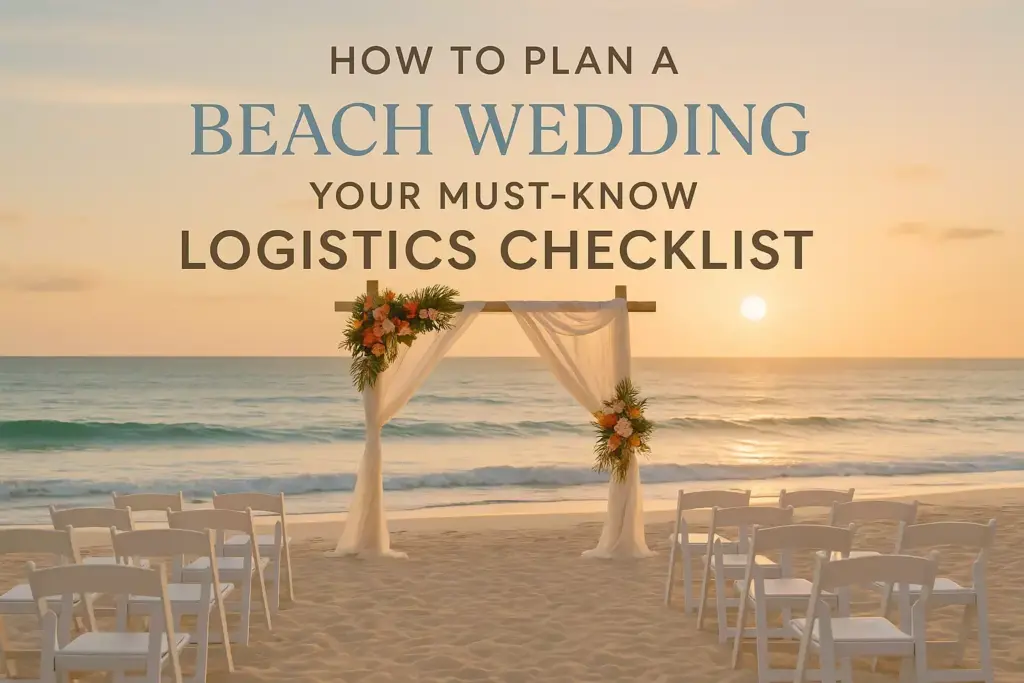 A wedding arch and rows of chairs on a sandy beach at sunset, with text about planning a beach wedding.