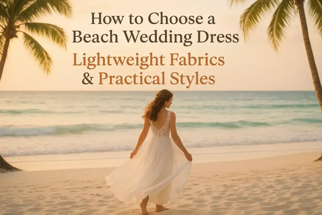 Woman in white dress walks on sandy beach at sunset; text about choosing a beach wedding dress is overlaid.