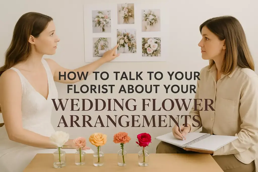 Two women discuss wedding flower arrangements with floral photos and roses on a table, text overlay present.
