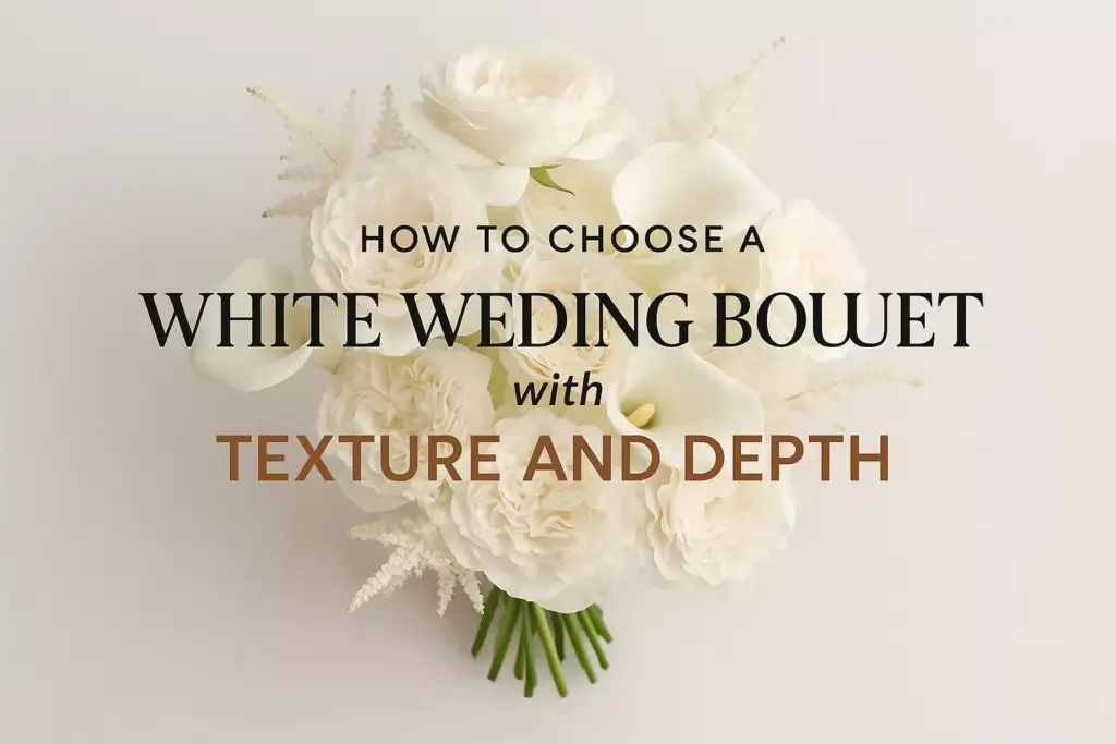 White wedding bouquet with roses and calla lilies, text overlay about choosing bouquets with texture and depth.