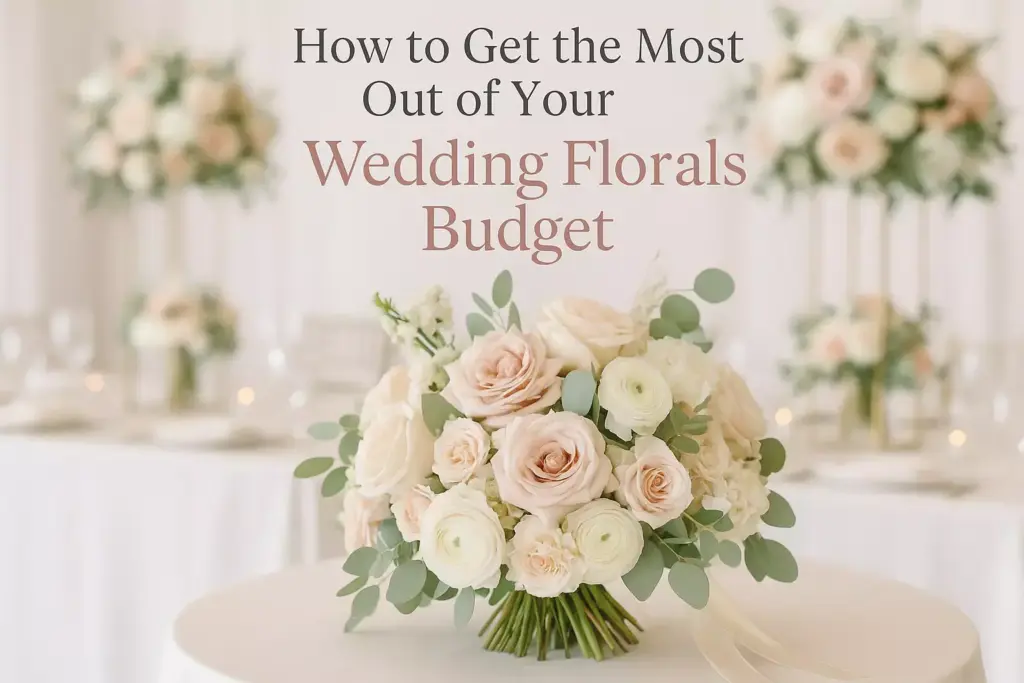 A pastel rose bridal bouquet on a table with the text How to Get the Most Out of Your Wedding Florals Budget.