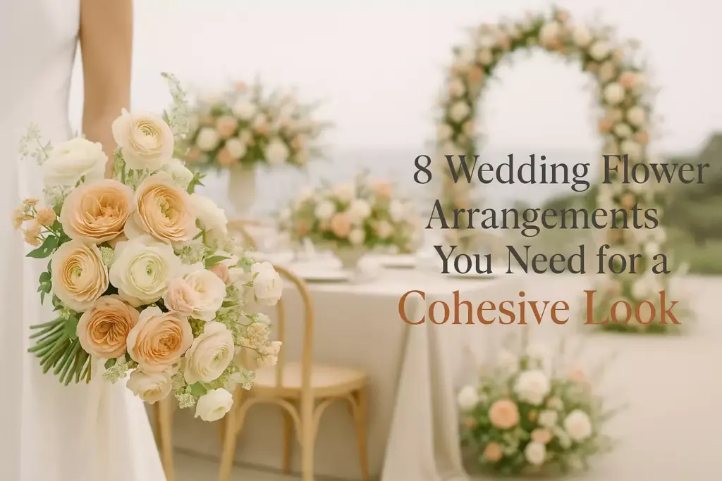 Bride holding a pastel bouquet with floral arrangements and an arch at an outdoor wedding setup.