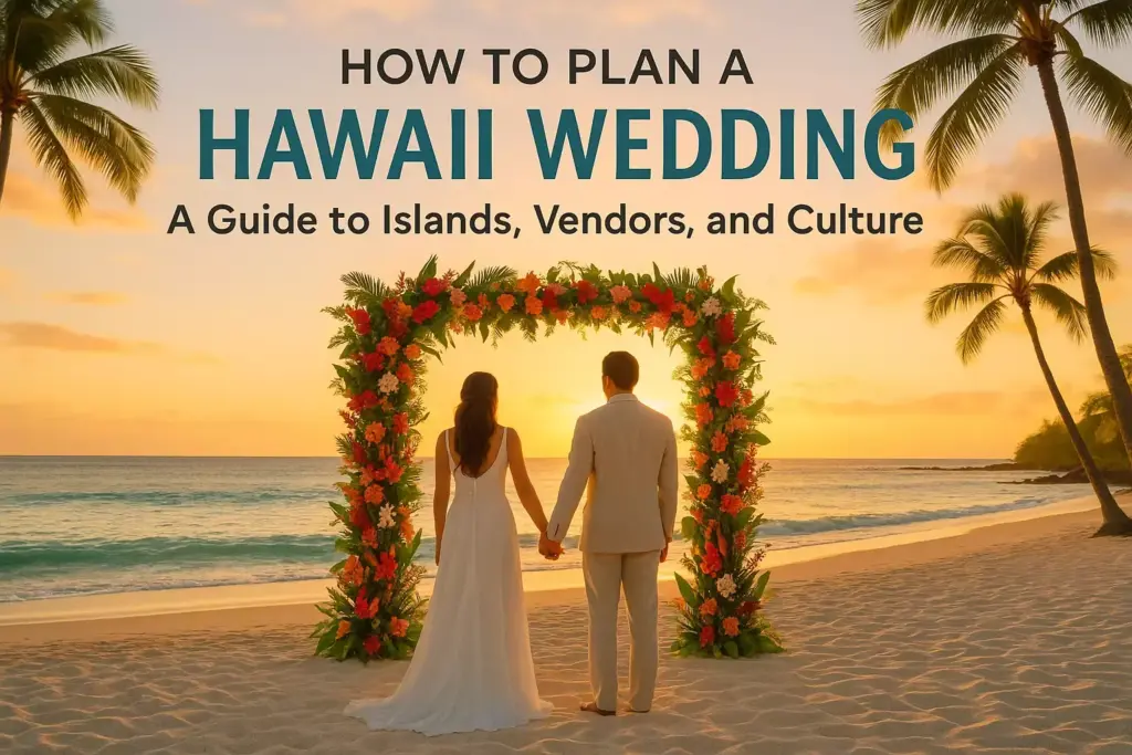 A couple holds hands under a flower arch on a Hawaiian beach at sunset, with palm trees and ocean.