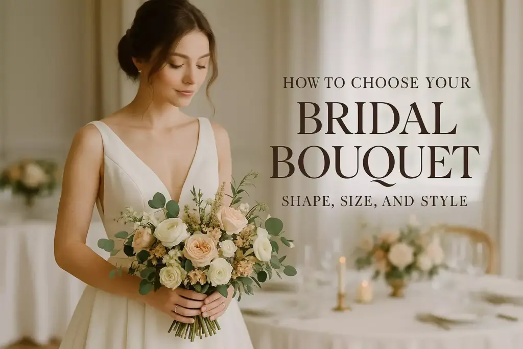 Bride in a white dress holding a bouquet of flowers, with text about choosing a bridal bouquet.