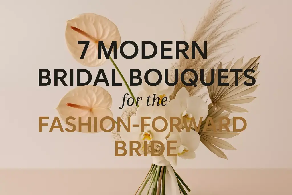 Minimalist bouquet with white flowers and dried leaves, overlaid with text about modern bridal bouquets.