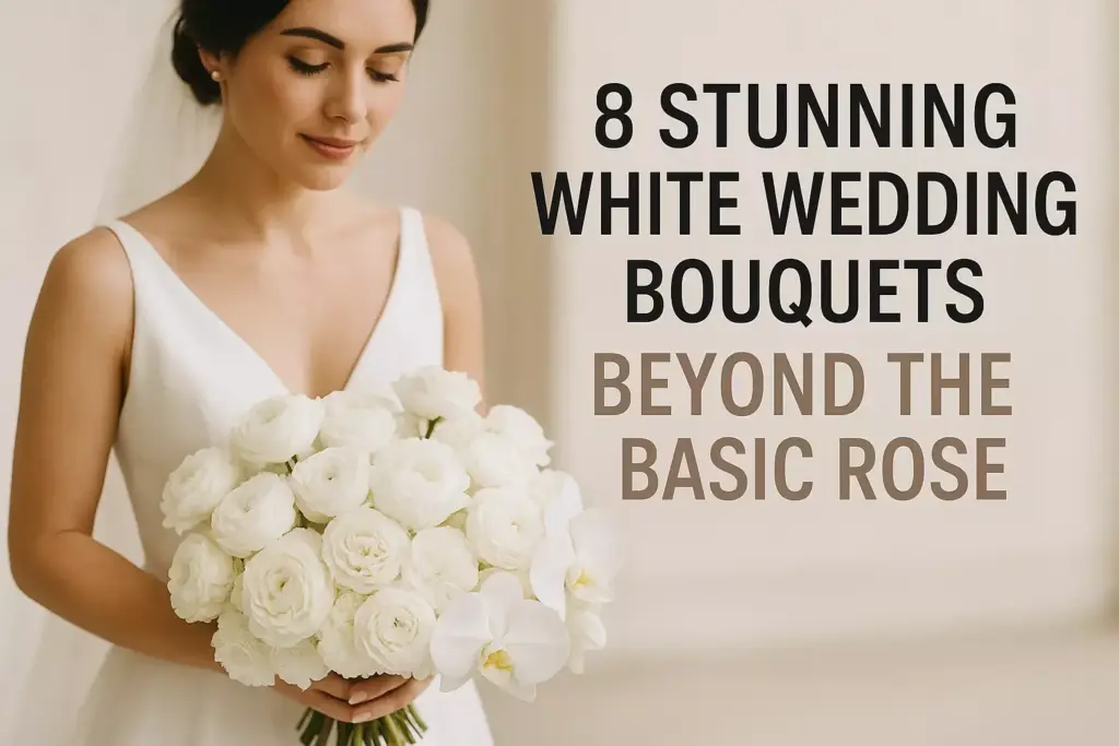 Bride in white dress holding a bouquet of white flowers; text reads 8 Stunning White Wedding Bouquets Beyond the Basic Rose.