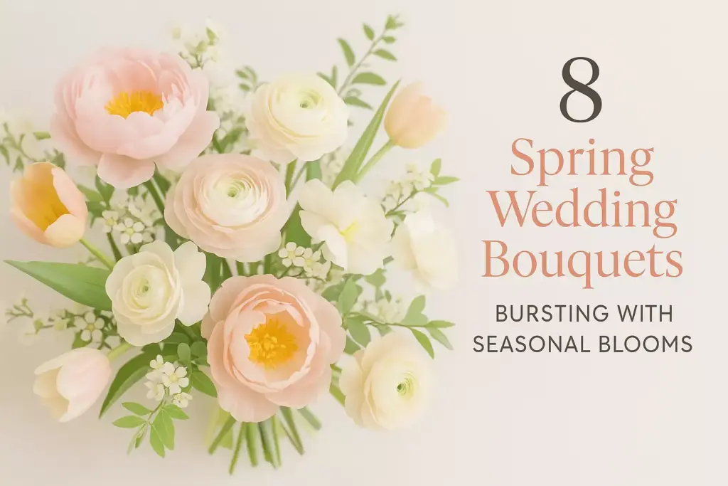 A bouquet of pastel spring flowers with text: 8 Spring Wedding Bouquets Bursting with Seasonal Blooms.