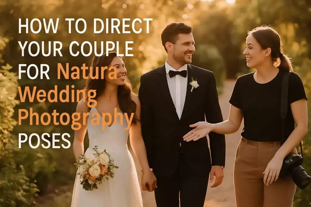 A bride and groom smile as a photographer guides them outdoors, with wedding photography tips text overlaid.