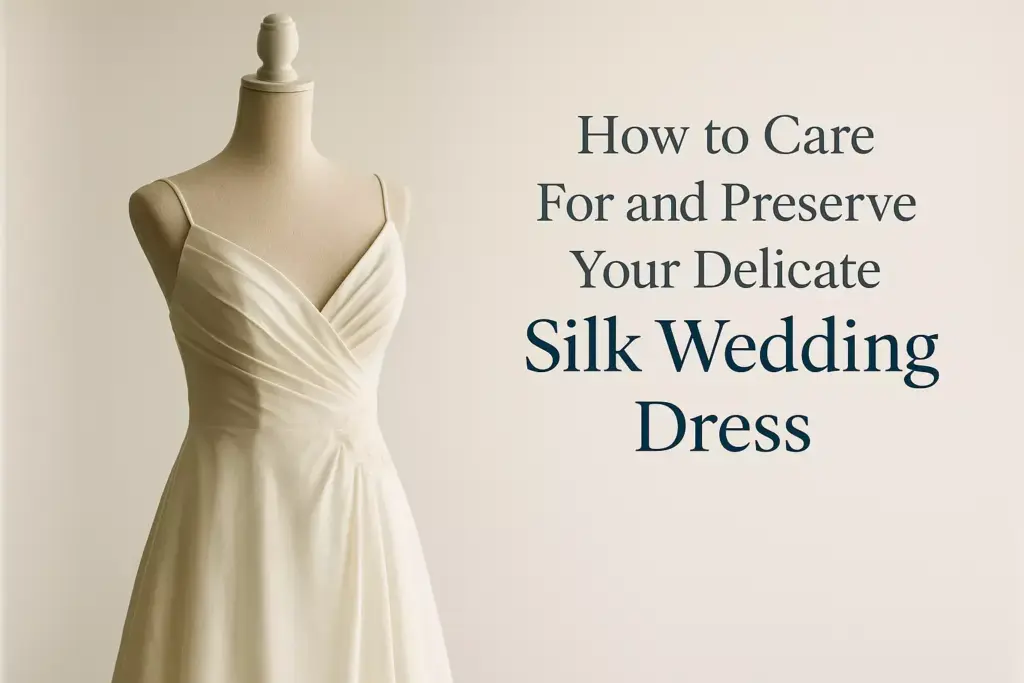 Mannequin wearing a silk wedding dress next to text about caring for and preserving silk wedding dresses.