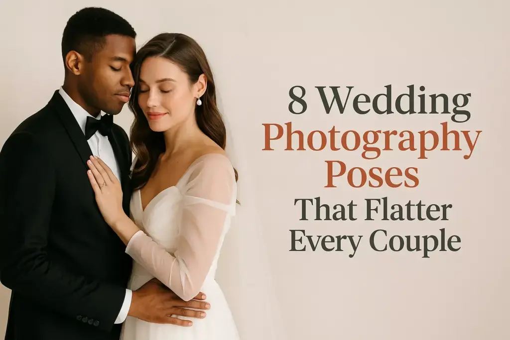 Bride and groom embracing beside text about flattering wedding photography poses for couples.