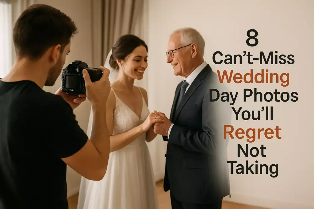A bride and older man smile holding hands while a photographer captures the moment indoors.