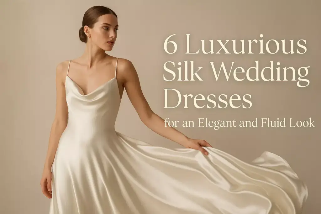 Woman in a flowing silk wedding dress next to text about luxurious silk wedding dresses.