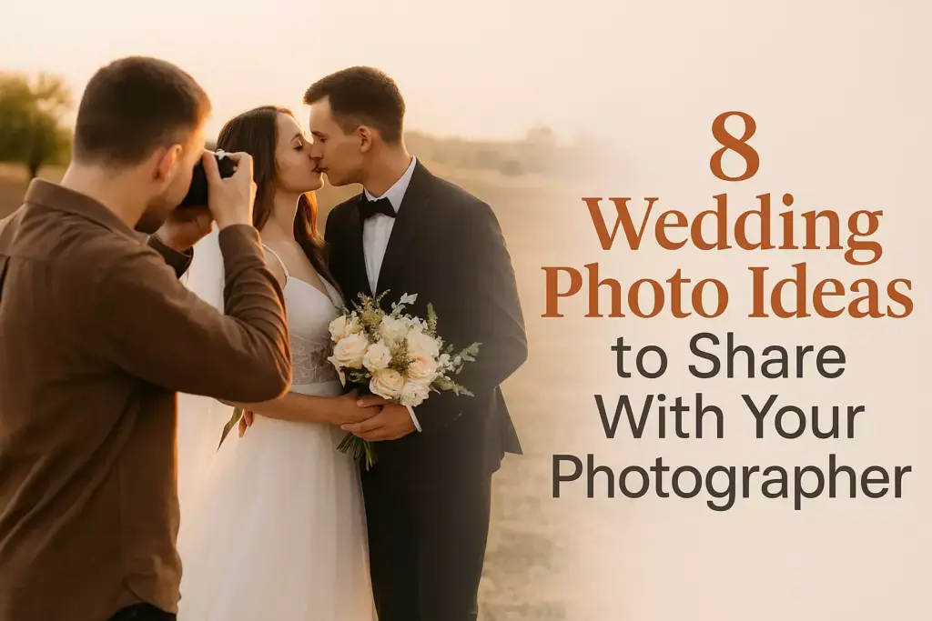 A bride and groom kiss outdoors as a photographer captures their wedding photo at sunset.