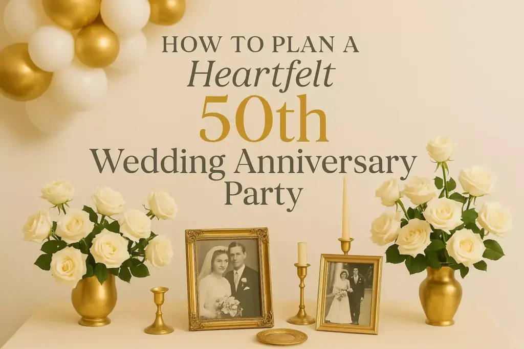 Gold and white decor, flowers, and framed wedding photos with text: How to Plan a Heartfelt 50th Wedding Anniversary Party.