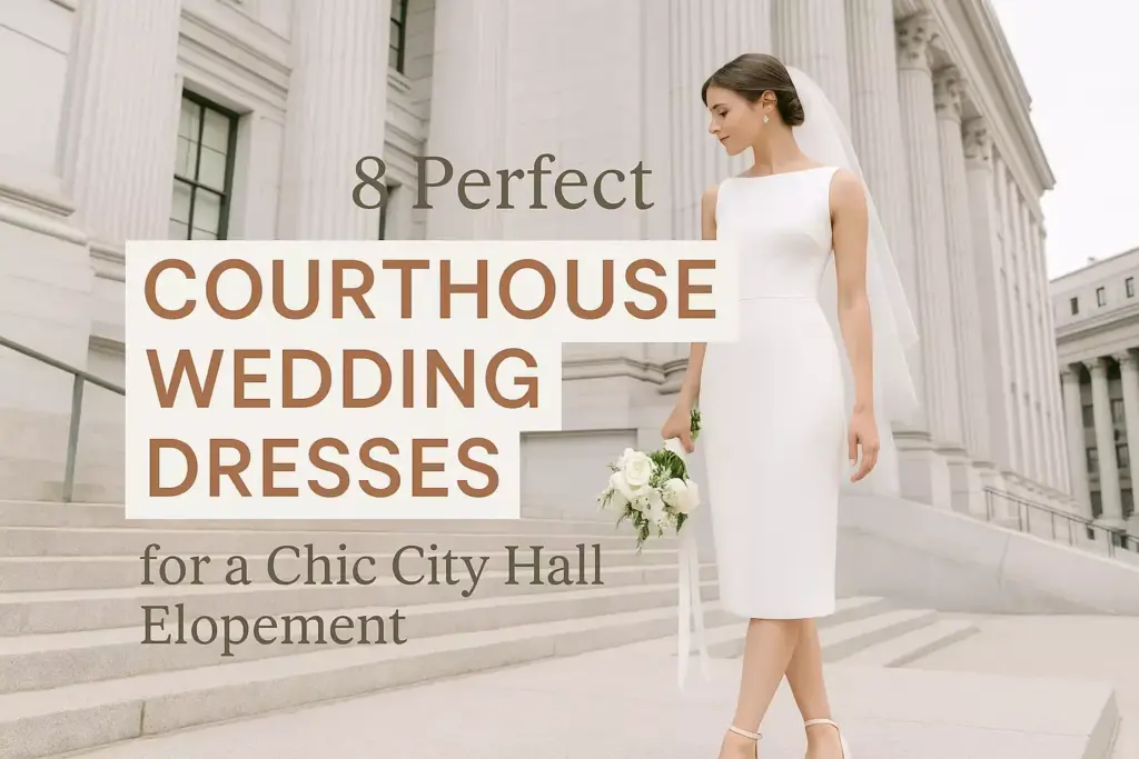 Bride in a simple white dress holding flowers on courthouse steps, text promoting courthouse wedding dresses.