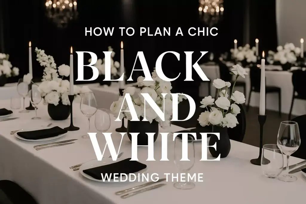 Elegant black and white wedding table décor with white flowers, candles, and neatly set place settings.