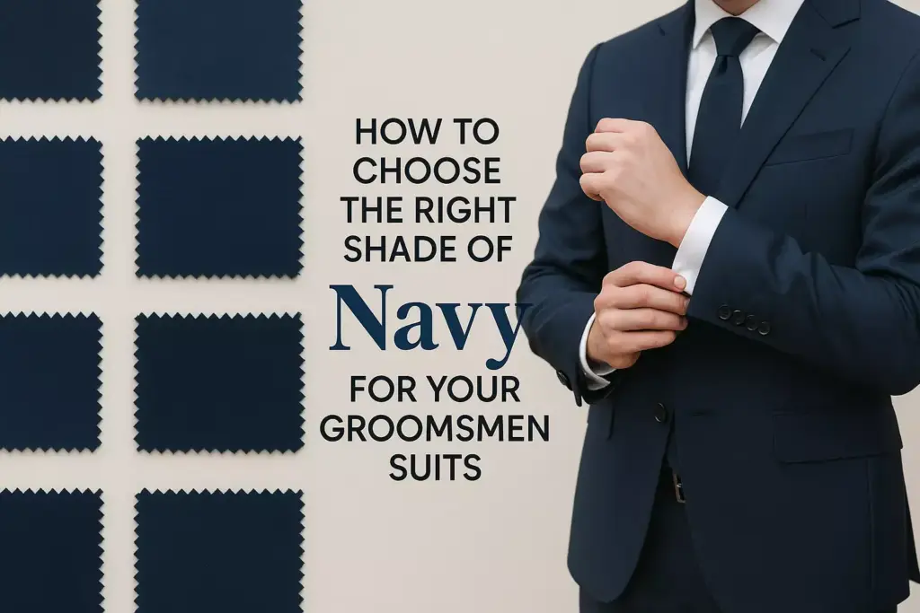 Man in navy suit adjusting cuff, next to fabric swatches and text about choosing navy suits for groomsmen.