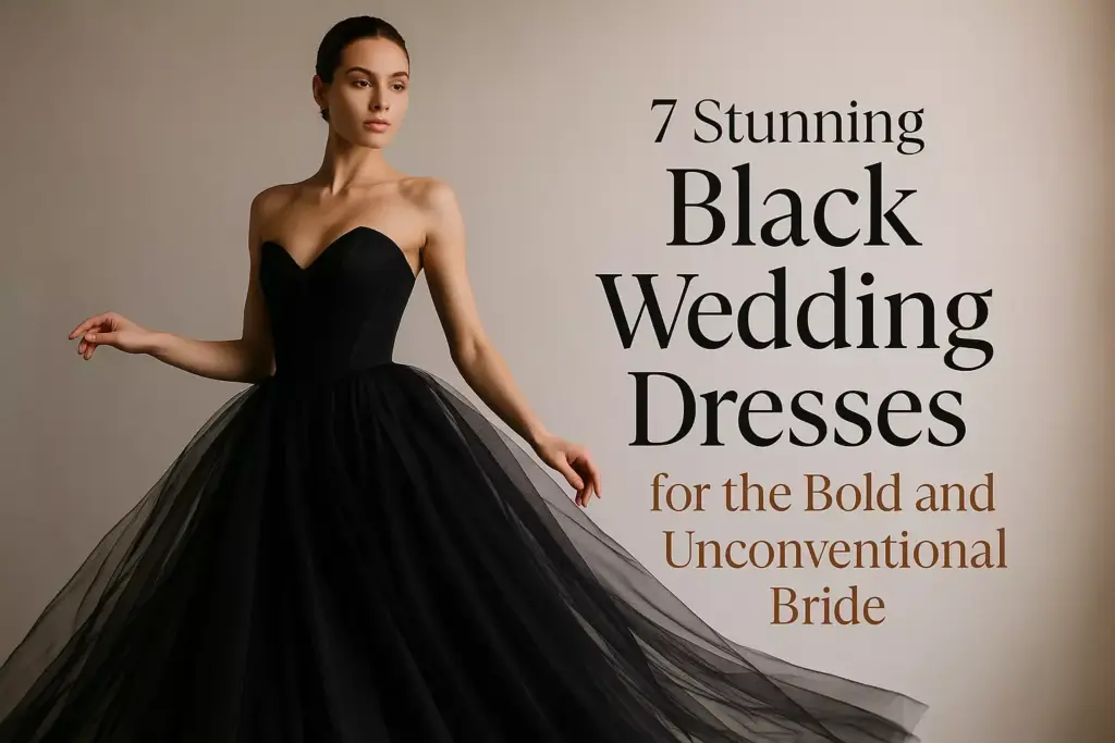 Woman in a strapless black wedding dress stands beside text about stunning black wedding dresses for bold brides.