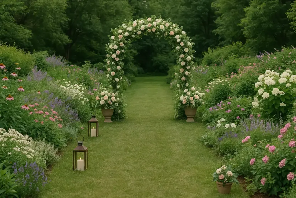 A flower garden with a rose arch, potted plants, and lanterns lining a grassy path on a summer day.