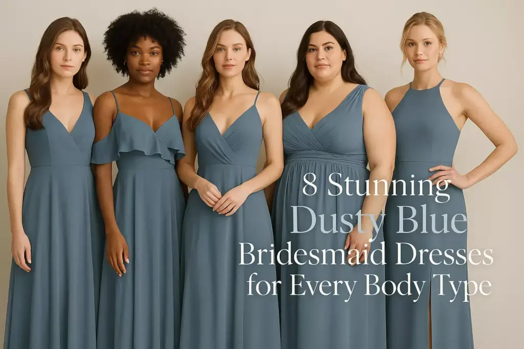 Five women in dusty blue bridesmaid dresses stand side by side against a beige background.