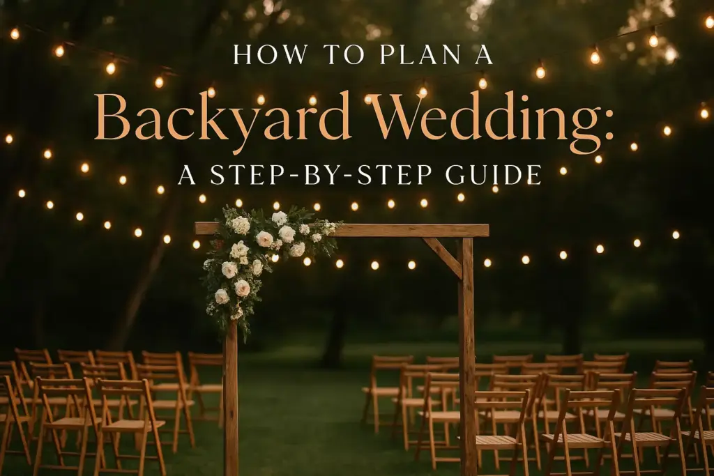 Wooden wedding arch with white flowers, string lights, and rows of chairs outdoors at sunset.