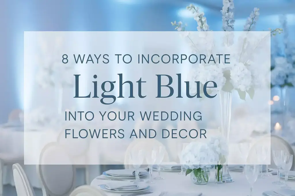 Elegant wedding decor with white and light blue flowers, soft blue lighting, and elegant table settings.