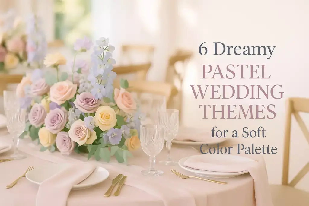 Elegant pastel floral centerpiece and table setting with text about dreamy pastel wedding themes.