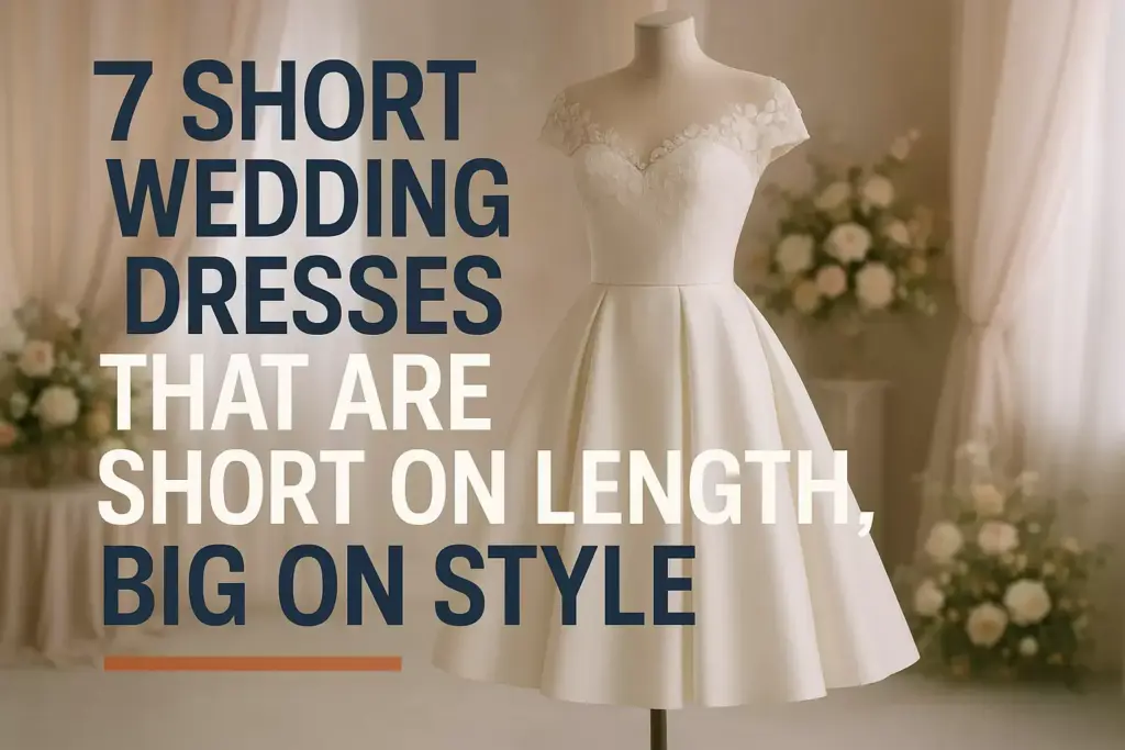 A short white wedding dress on a mannequin, surrounded by flowers, with text about stylish short wedding dresses.
