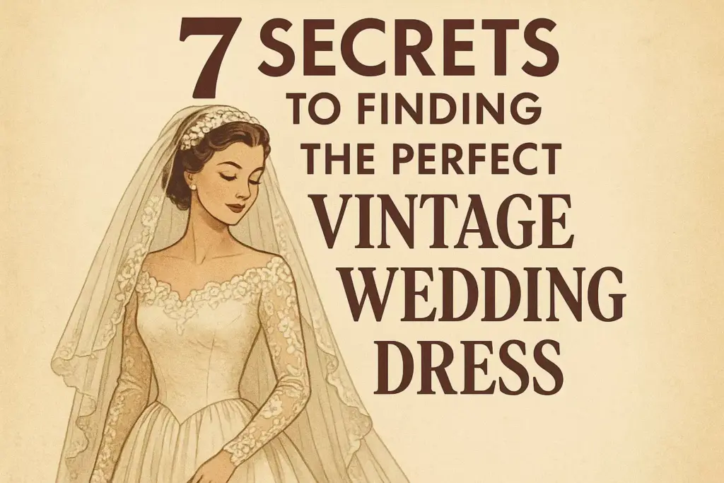 Illustration of a bride in a lace wedding dress with text: 7 Secrets to Finding the Perfect Vintage Wedding Dress.