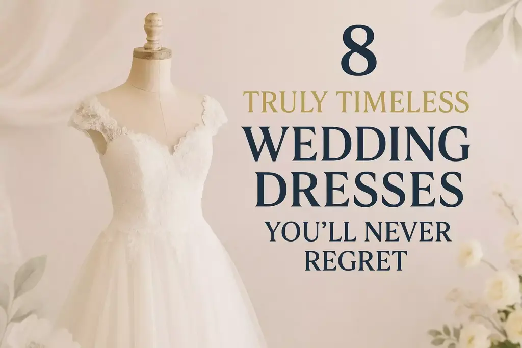Lace wedding dress on mannequin beside text: 8 Truly Timeless Wedding Dresses Youll Never Regret.