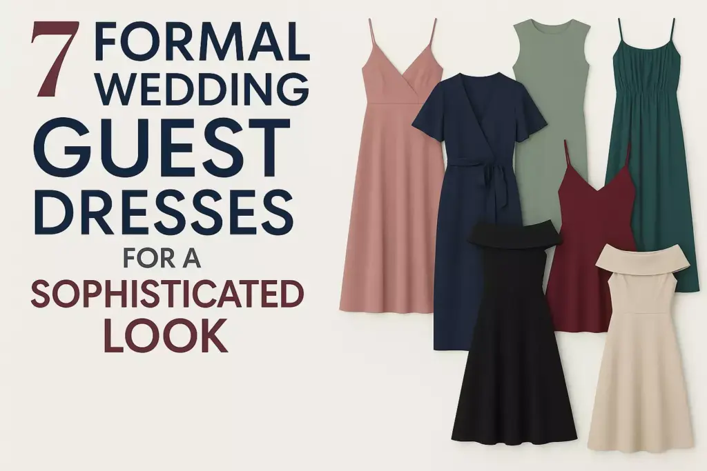 Display of six elegant dresses with text: 7 Formal Wedding Guest Dresses for a Sophisticated Look.